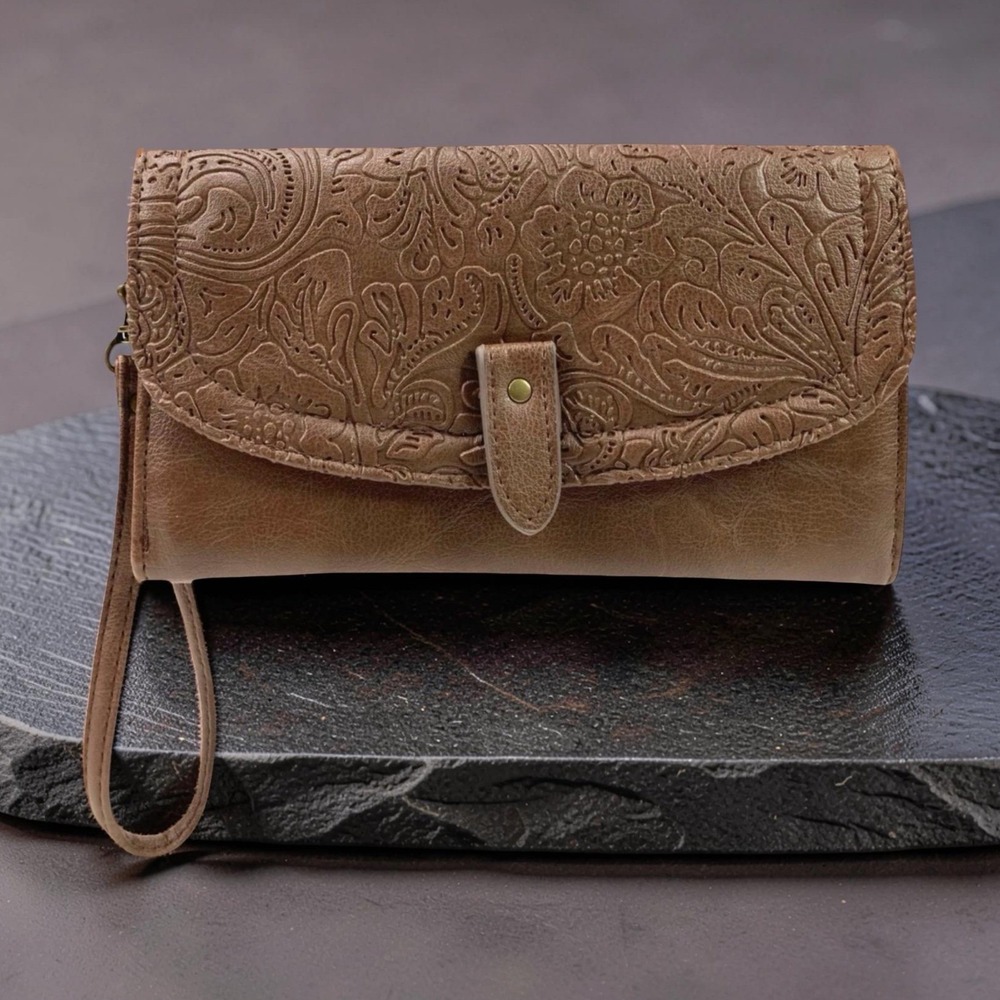 Isabella Wristlet Wallet Brown Floral Embossed Clutch Cell Phone Pocket Boho New